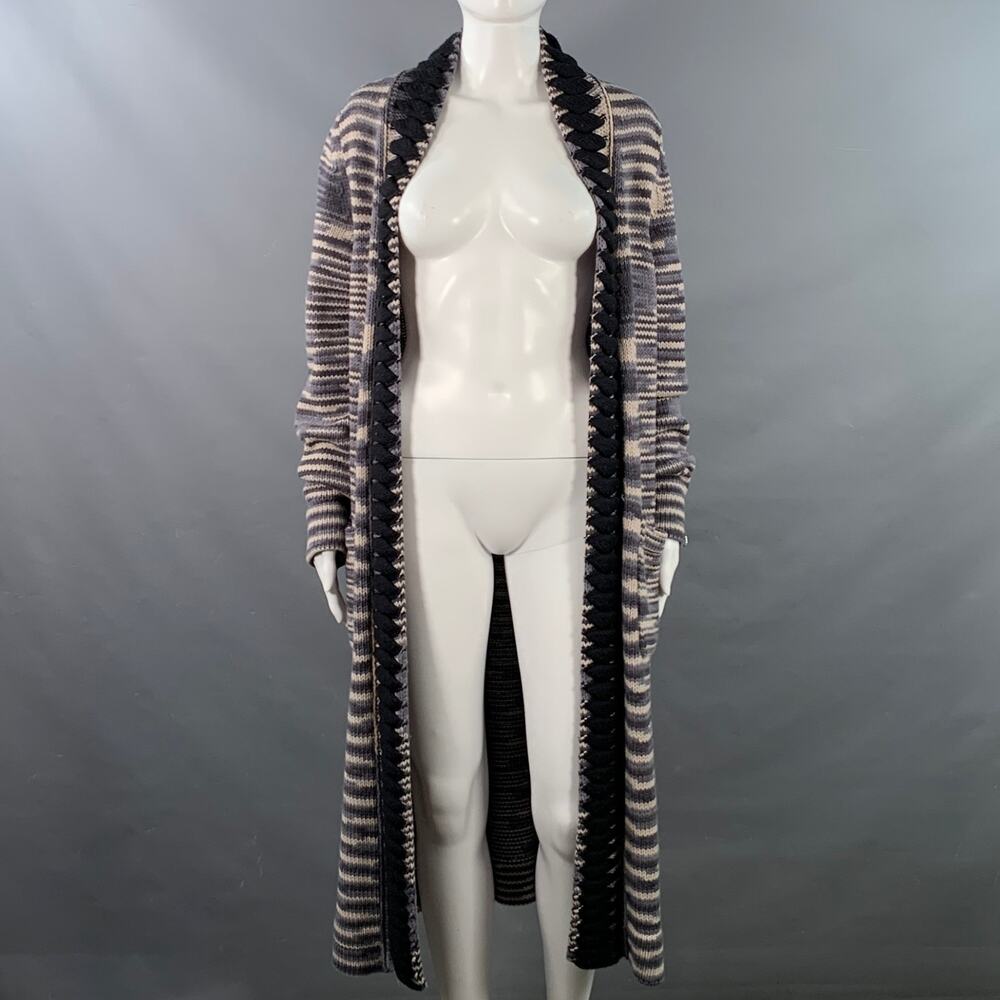 MISSONI Size 6 Grey Black White Cashmere Wool Stripe Open Front Long Cardigan